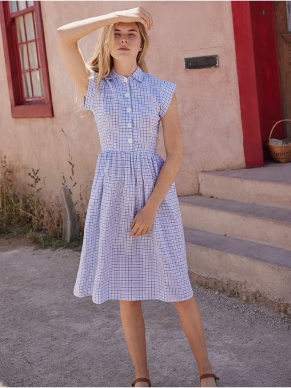 Christy Dawn White and Blue Checked Midi Dress
